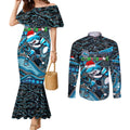 Merry Christmas Sharks Couples Matching Mermaid Dress and Long Sleeve Button Shirt Aboriginal Santa Rugby Mascot - Cronulla Sutherland