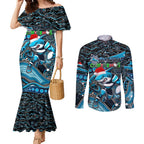 Merry Christmas Sharks Couples Matching Mermaid Dress and Long Sleeve Button Shirt Aboriginal Santa Rugby Mascot - Cronulla Sutherland