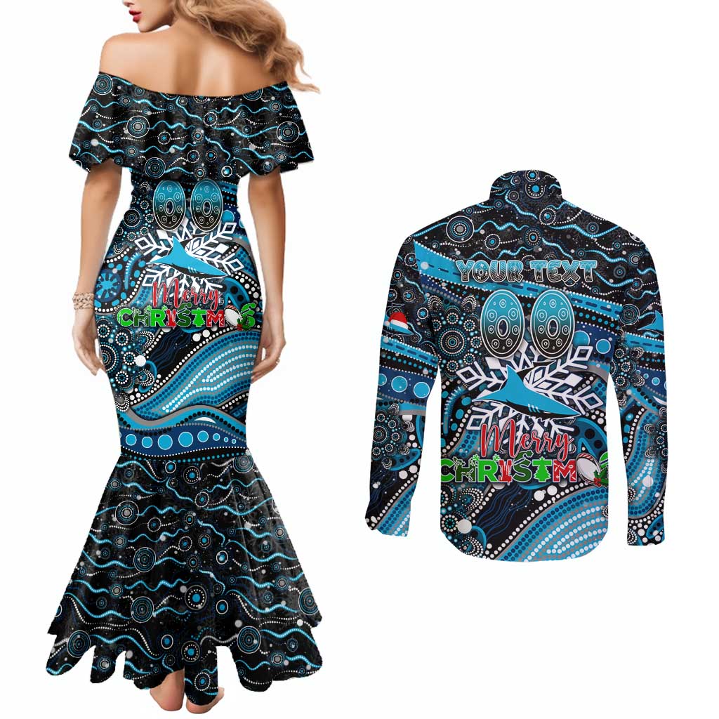 Merry Christmas Sharks Couples Matching Mermaid Dress and Long Sleeve Button Shirt Aboriginal Santa Rugby Mascot - Cronulla Sutherland