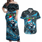 Merry Christmas Sharks Couples Matching Off Shoulder Maxi Dress and Hawaiian Shirt Aboriginal Santa Rugby Mascot - Cronulla Sutherland