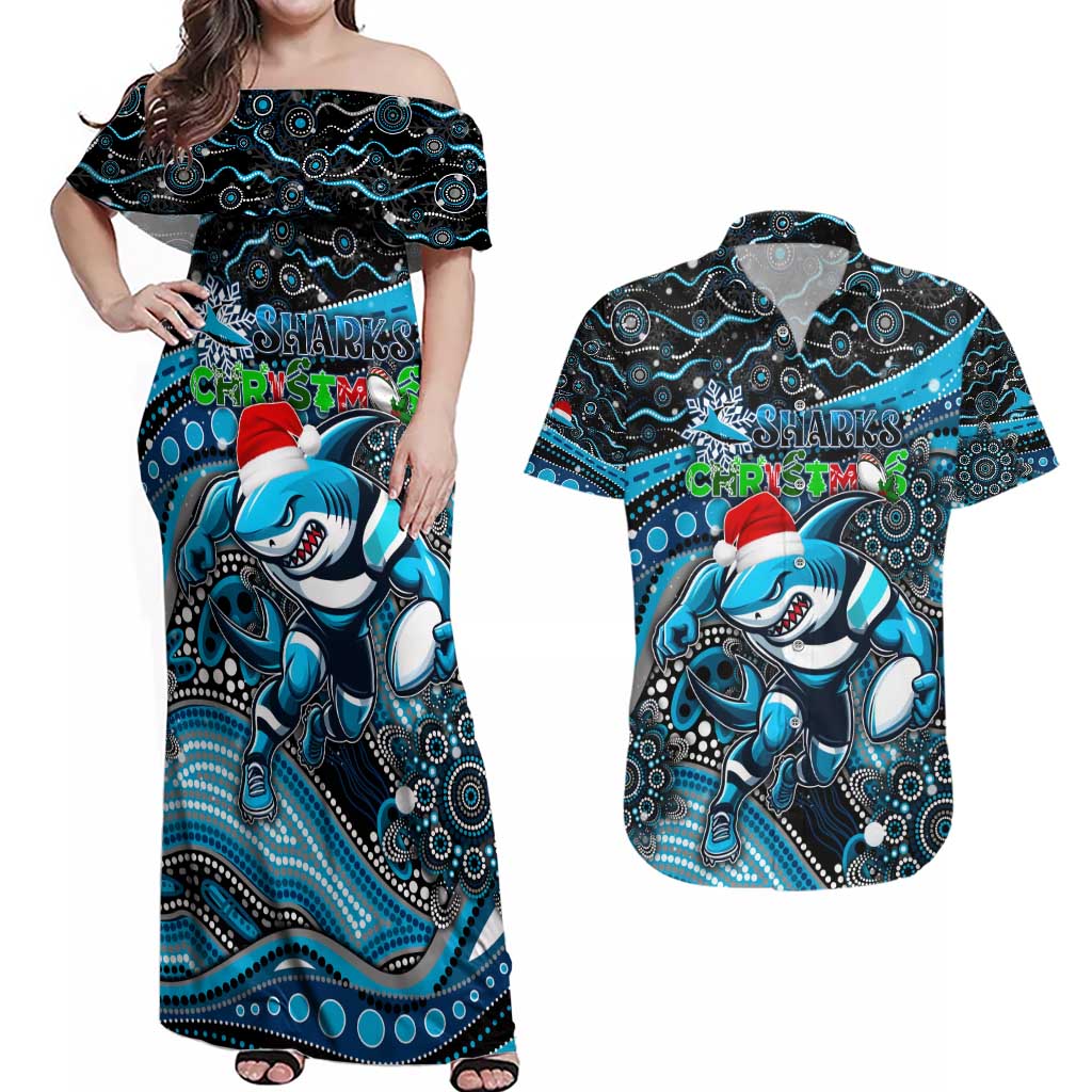 Merry Christmas Sharks Couples Matching Off Shoulder Maxi Dress and Hawaiian Shirt Aboriginal Santa Rugby Mascot - Cronulla Sutherland