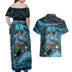 Merry Christmas Sharks Couples Matching Off Shoulder Maxi Dress and Hawaiian Shirt Aboriginal Santa Rugby Mascot - Cronulla Sutherland