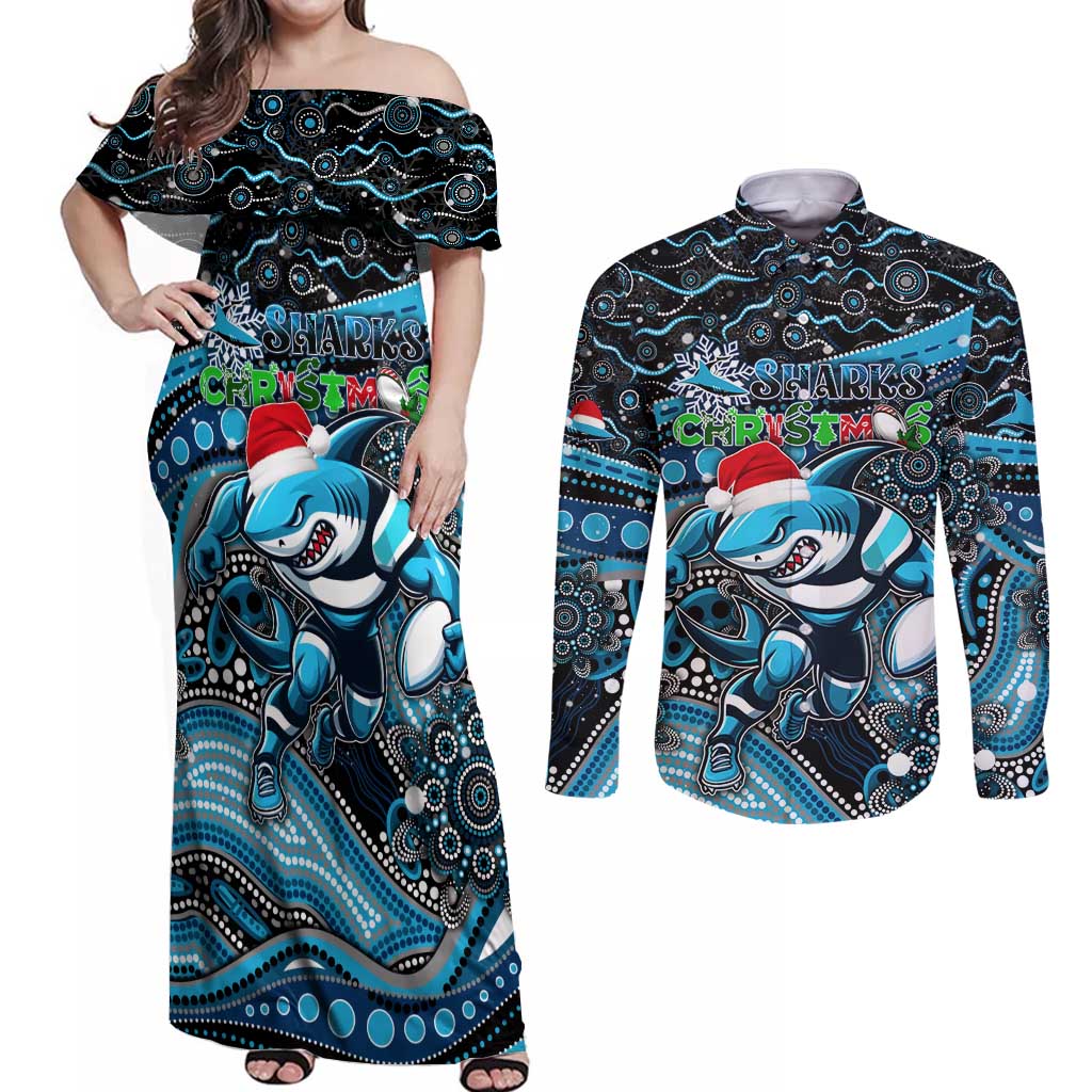 Merry Christmas Sharks Couples Matching Off Shoulder Maxi Dress and Long Sleeve Button Shirt Aboriginal Santa Rugby Mascot - Cronulla Sutherland