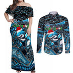 Merry Christmas Sharks Couples Matching Off Shoulder Maxi Dress and Long Sleeve Button Shirt Aboriginal Santa Rugby Mascot - Cronulla Sutherland