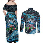 Merry Christmas Sharks Couples Matching Off Shoulder Maxi Dress and Long Sleeve Button Shirt Aboriginal Santa Rugby Mascot - Cronulla Sutherland