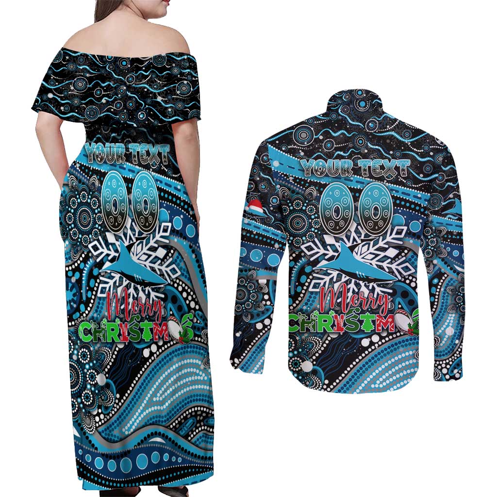 Merry Christmas Sharks Couples Matching Off Shoulder Maxi Dress and Long Sleeve Button Shirt Aboriginal Santa Rugby Mascot - Cronulla Sutherland
