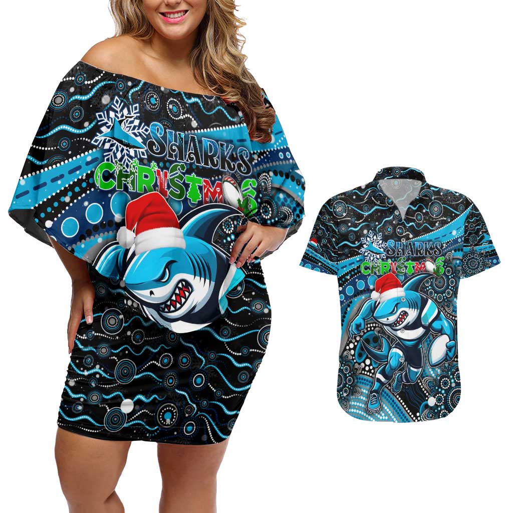 Merry Christmas Sharks Couples Matching Off Shoulder Short Dress and Hawaiian Shirt Aboriginal Santa Rugby Mascot - Cronulla Sutherland
