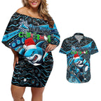 Merry Christmas Sharks Couples Matching Off Shoulder Short Dress and Hawaiian Shirt Aboriginal Santa Rugby Mascot - Cronulla Sutherland
