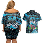 Merry Christmas Sharks Couples Matching Off Shoulder Short Dress and Hawaiian Shirt Aboriginal Santa Rugby Mascot - Cronulla Sutherland