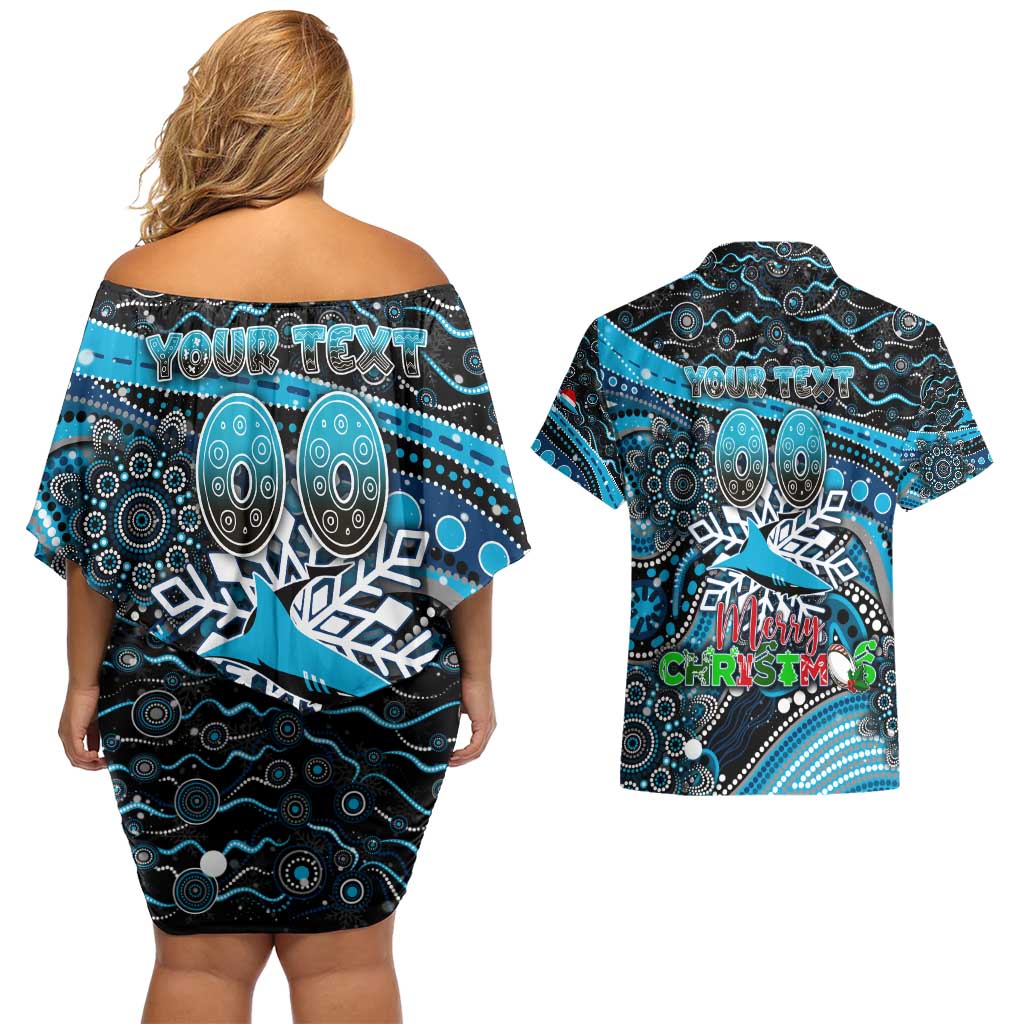 Merry Christmas Sharks Couples Matching Off Shoulder Short Dress and Hawaiian Shirt Aboriginal Santa Rugby Mascot - Cronulla Sutherland