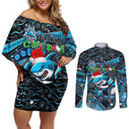 Merry Christmas Sharks Couples Matching Off Shoulder Short Dress and Long Sleeve Button Shirt Aboriginal Santa Rugby Mascot - Cronulla Sutherland