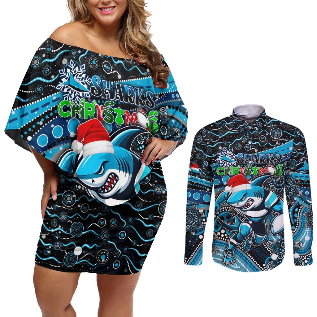Merry Christmas Sharks Couples Matching Off Shoulder Short Dress and Long Sleeve Button Shirt Aboriginal Santa Rugby Mascot - Cronulla Sutherland