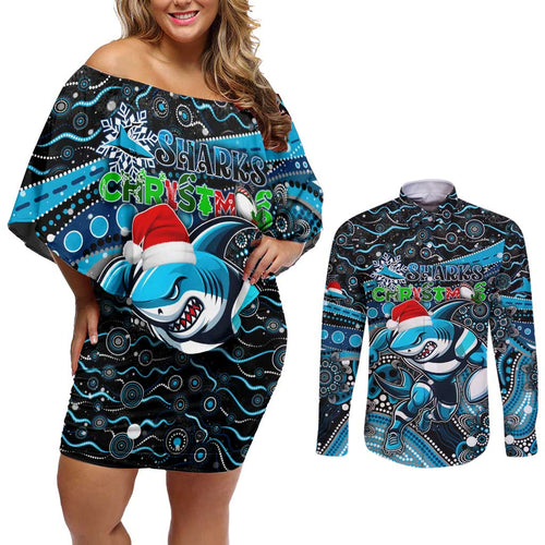 Merry Christmas Sharks Couples Matching Off Shoulder Short Dress and Long Sleeve Button Shirt Aboriginal Santa Rugby Mascot - Cronulla Sutherland
