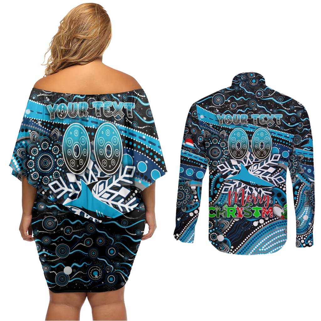 Merry Christmas Sharks Couples Matching Off Shoulder Short Dress and Long Sleeve Button Shirt Aboriginal Santa Rugby Mascot - Cronulla Sutherland