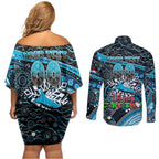 Merry Christmas Sharks Couples Matching Off Shoulder Short Dress and Long Sleeve Button Shirt Aboriginal Santa Rugby Mascot - Cronulla Sutherland