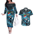 Merry Christmas Sharks Couples Matching Off The Shoulder Long Sleeve Dress and Hawaiian Shirt Aboriginal Santa Rugby Mascot - Cronulla Sutherland
