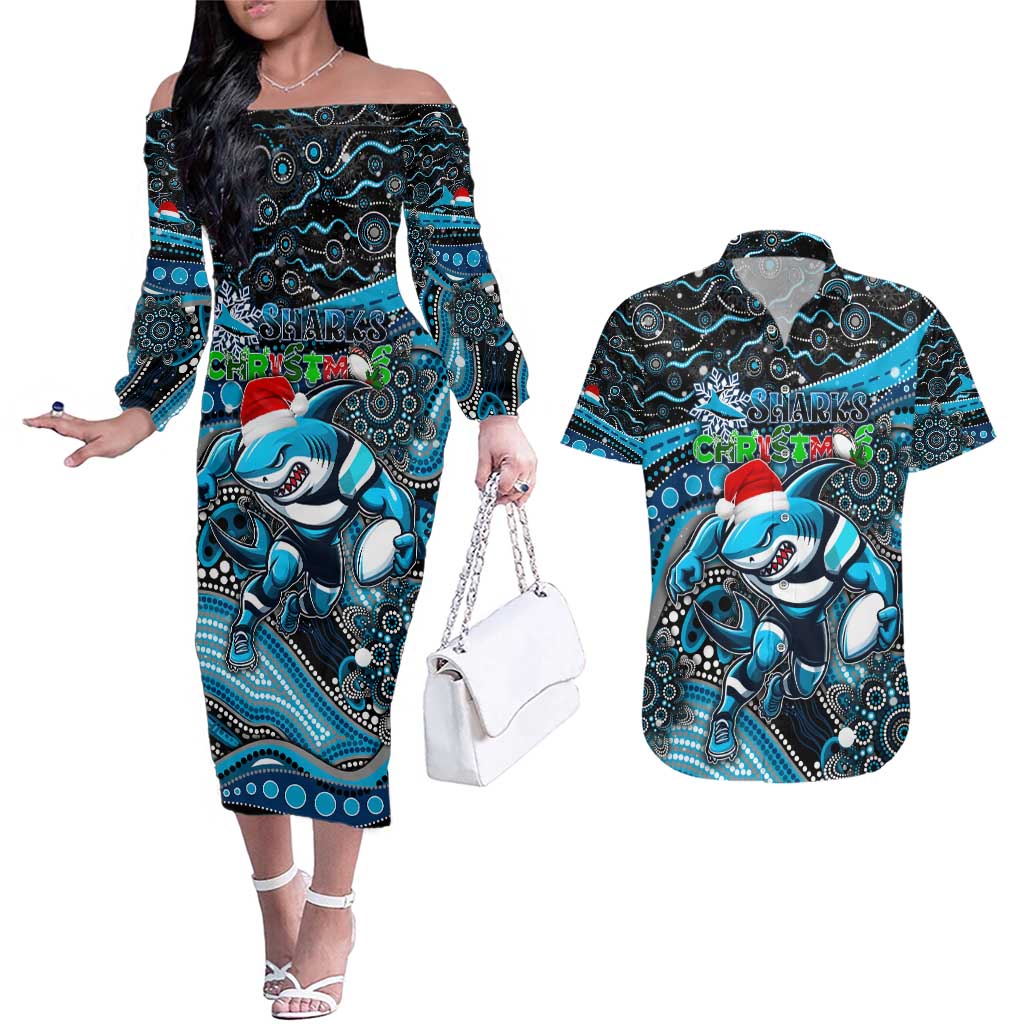 Merry Christmas Sharks Couples Matching Off The Shoulder Long Sleeve Dress and Hawaiian Shirt Aboriginal Santa Rugby Mascot - Cronulla Sutherland