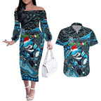 Merry Christmas Sharks Couples Matching Off The Shoulder Long Sleeve Dress and Hawaiian Shirt Aboriginal Santa Rugby Mascot - Cronulla Sutherland