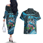 Merry Christmas Sharks Couples Matching Off The Shoulder Long Sleeve Dress and Hawaiian Shirt Aboriginal Santa Rugby Mascot - Cronulla Sutherland