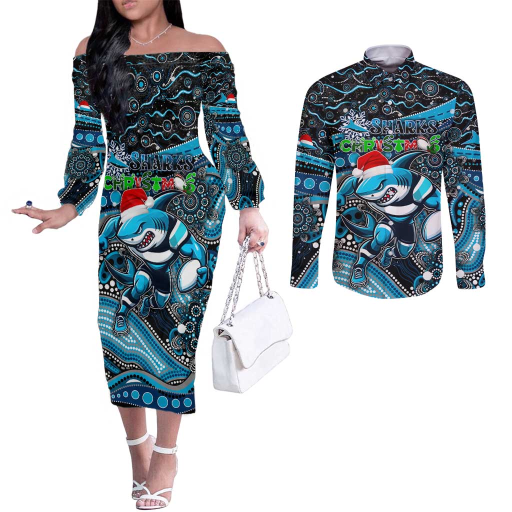 Merry Christmas Sharks Couples Matching Off The Shoulder Long Sleeve Dress and Long Sleeve Button Shirt Aboriginal Santa Rugby Mascot - Cronulla Sutherland
