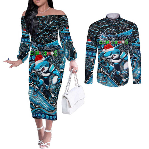 Merry Christmas Sharks Couples Matching Off The Shoulder Long Sleeve Dress and Long Sleeve Button Shirt Aboriginal Santa Rugby Mascot - Cronulla Sutherland