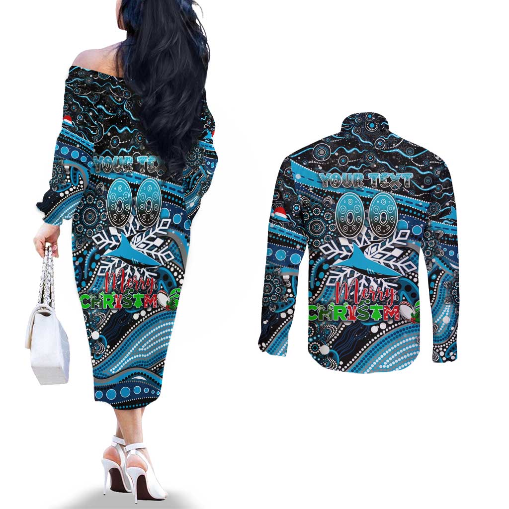 Merry Christmas Sharks Couples Matching Off The Shoulder Long Sleeve Dress and Long Sleeve Button Shirt Aboriginal Santa Rugby Mascot - Cronulla Sutherland