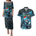 Merry Christmas Sharks Couples Matching Puletasi and Hawaiian Shirt Aboriginal Santa Rugby Mascot - Cronulla Sutherland