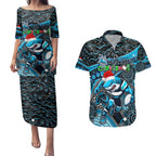 Merry Christmas Sharks Couples Matching Puletasi and Hawaiian Shirt Aboriginal Santa Rugby Mascot - Cronulla Sutherland