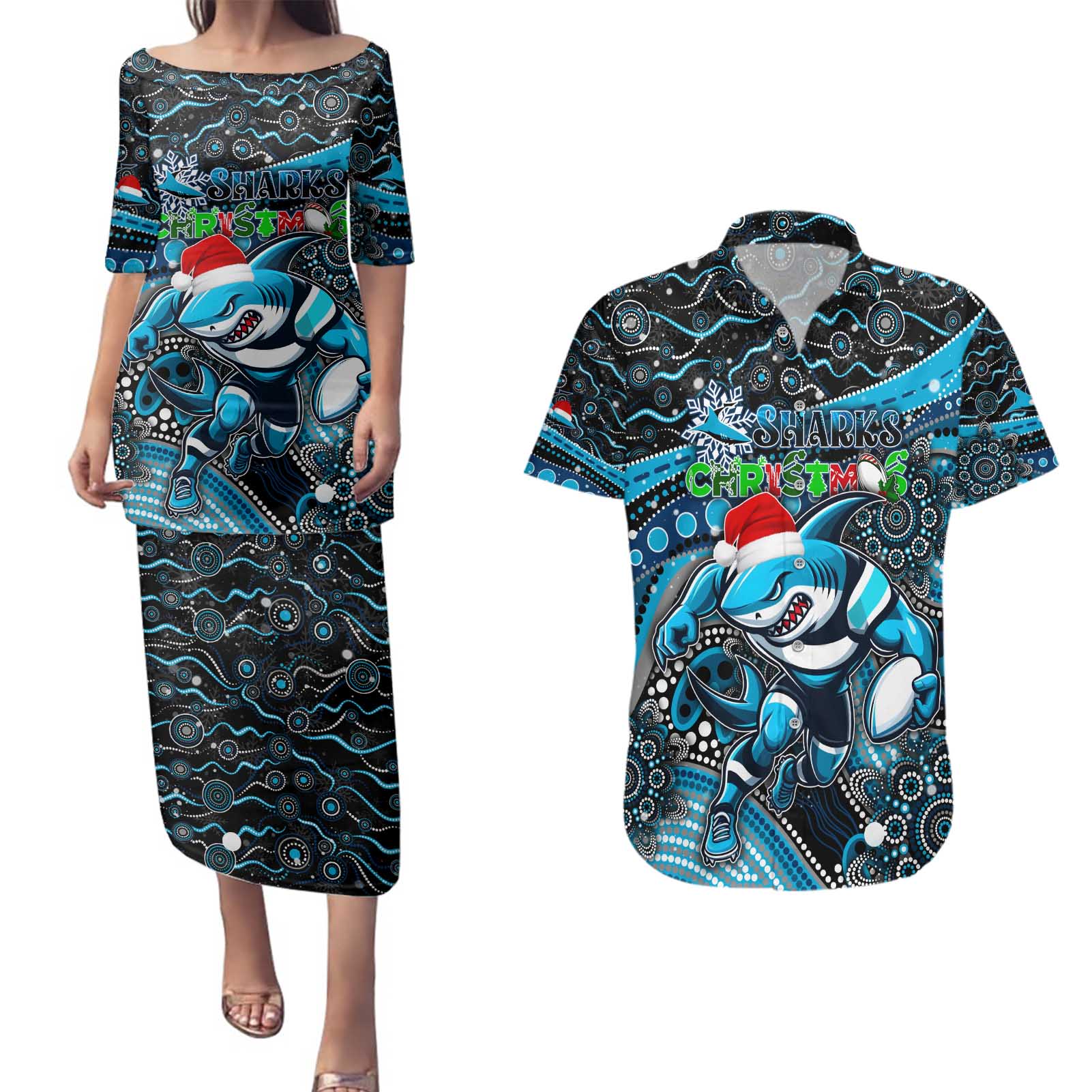 Merry Christmas Sharks Couples Matching Puletasi and Hawaiian Shirt Aboriginal Santa Rugby Mascot - Cronulla Sutherland