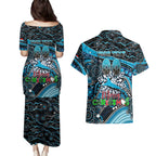 Merry Christmas Sharks Couples Matching Puletasi and Hawaiian Shirt Aboriginal Santa Rugby Mascot - Cronulla Sutherland