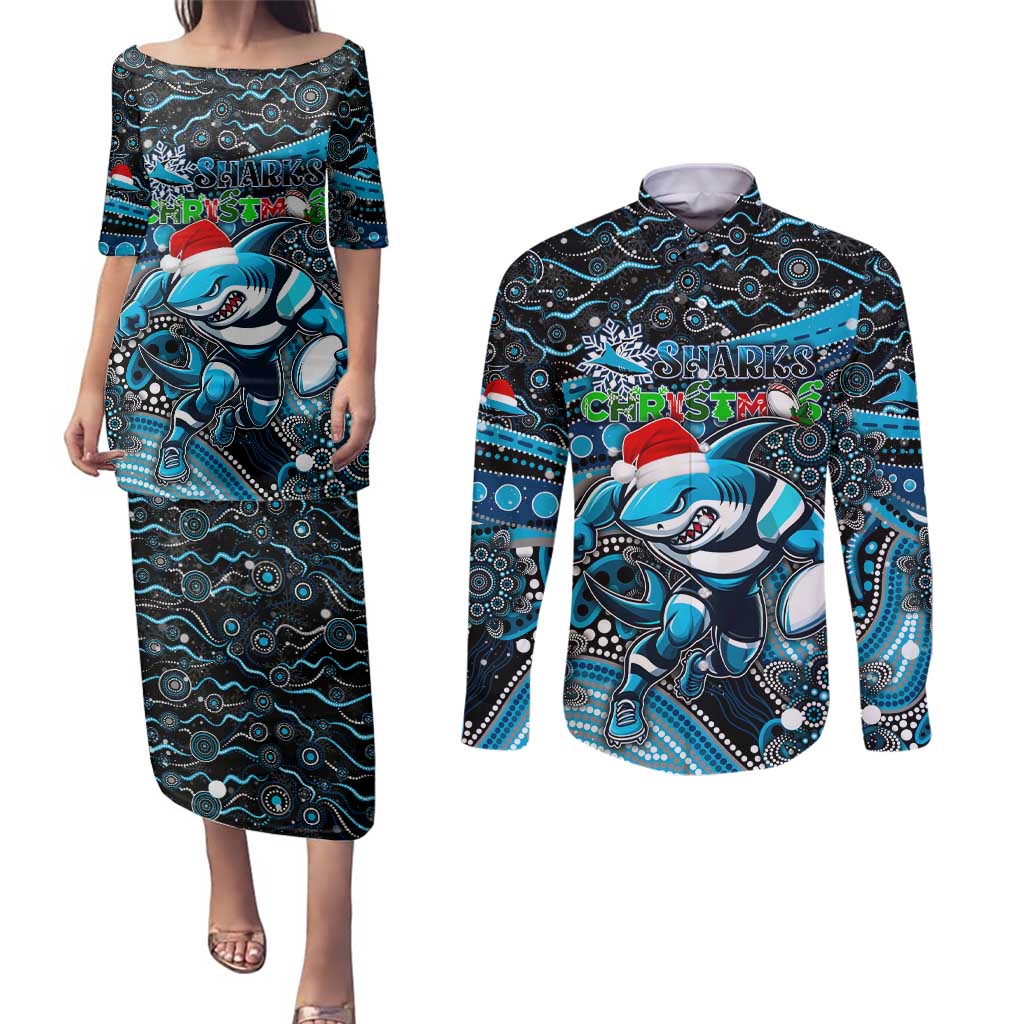 Merry Christmas Sharks Couples Matching Puletasi and Long Sleeve Button Shirt Aboriginal Santa Rugby Mascot - Cronulla Sutherland