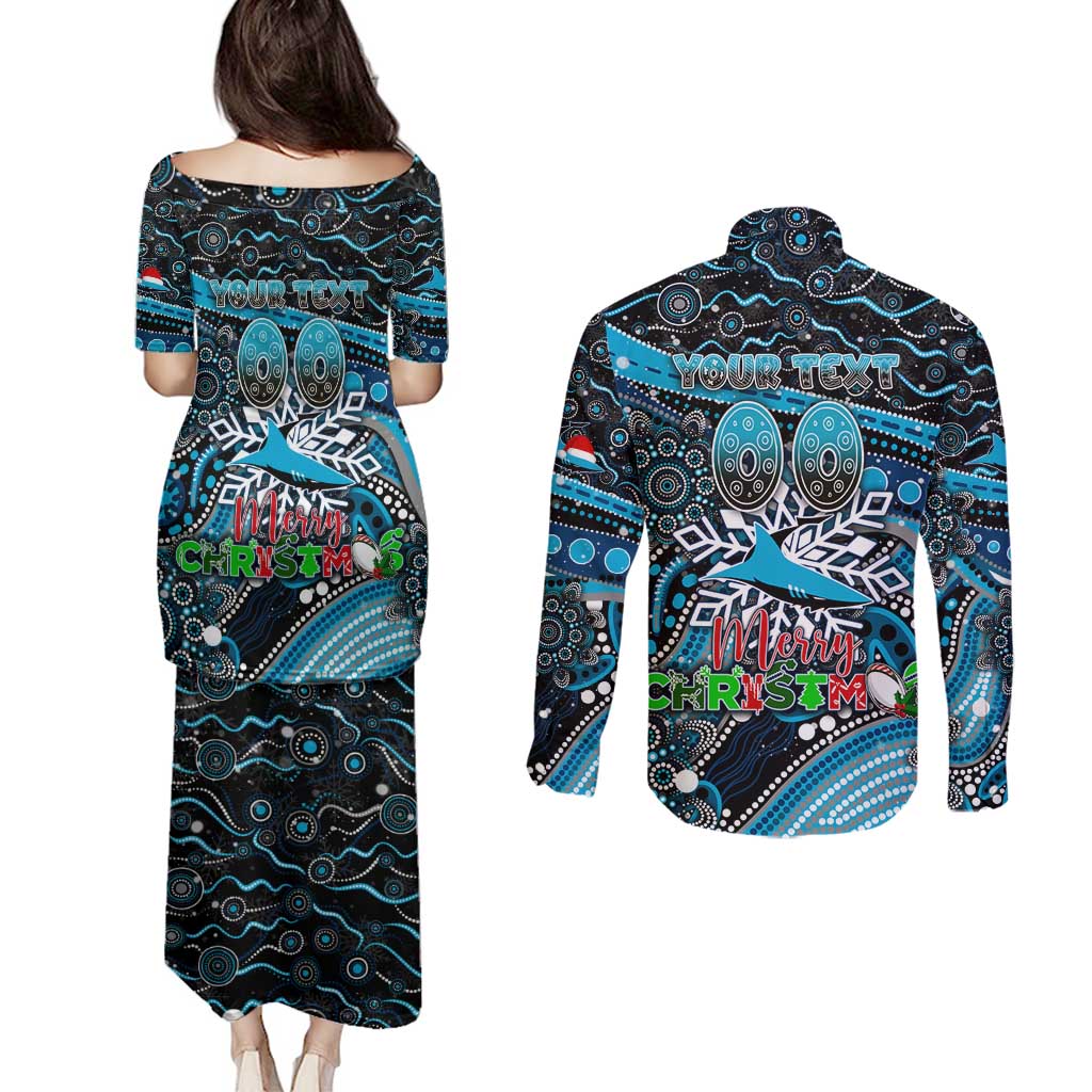 Merry Christmas Sharks Couples Matching Puletasi and Long Sleeve Button Shirt Aboriginal Santa Rugby Mascot - Cronulla Sutherland