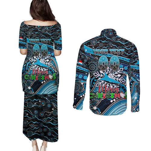 Merry Christmas Sharks Couples Matching Puletasi and Long Sleeve Button Shirt Aboriginal Santa Rugby Mascot - Cronulla Sutherland