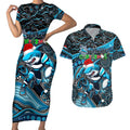 Merry Christmas Sharks Couples Matching Short Sleeve Bodycon Dress and Hawaiian Shirt Aboriginal Santa Rugby Mascot - Cronulla Sutherland