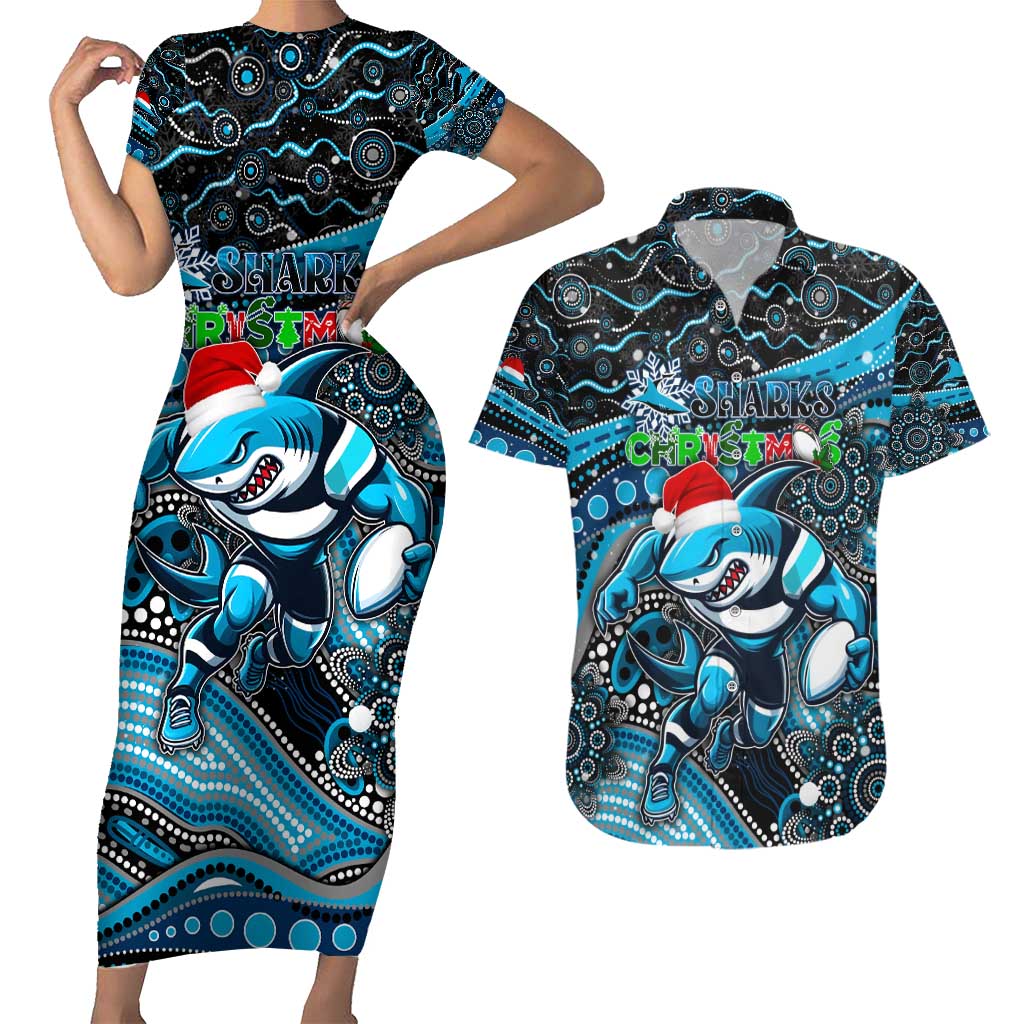 Merry Christmas Sharks Couples Matching Short Sleeve Bodycon Dress and Hawaiian Shirt Aboriginal Santa Rugby Mascot - Cronulla Sutherland
