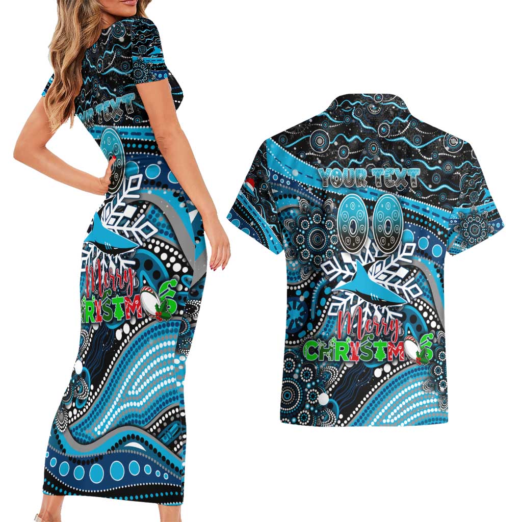 Merry Christmas Sharks Couples Matching Short Sleeve Bodycon Dress and Hawaiian Shirt Aboriginal Santa Rugby Mascot - Cronulla Sutherland