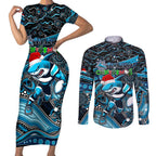 Merry Christmas Sharks Couples Matching Short Sleeve Bodycon Dress and Long Sleeve Button Shirt Aboriginal Santa Rugby Mascot - Cronulla Sutherland