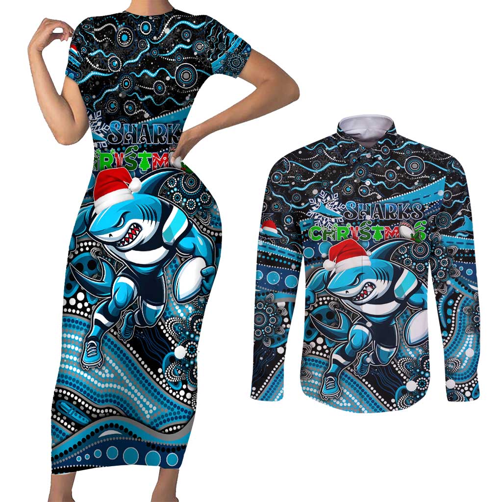 Merry Christmas Sharks Couples Matching Short Sleeve Bodycon Dress and Long Sleeve Button Shirt Aboriginal Santa Rugby Mascot - Cronulla Sutherland