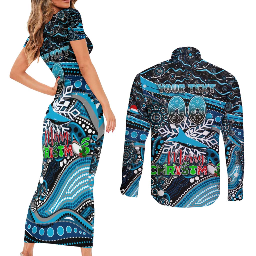 Merry Christmas Sharks Couples Matching Short Sleeve Bodycon Dress and Long Sleeve Button Shirt Aboriginal Santa Rugby Mascot - Cronulla Sutherland