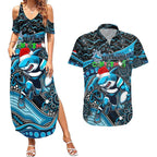 Merry Christmas Sharks Couples Matching Summer Maxi Dress and Hawaiian Shirt Aboriginal Santa Rugby Mascot - Cronulla Sutherland