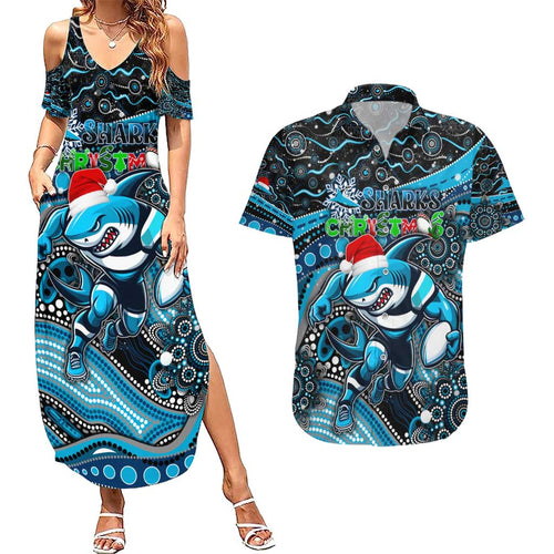Merry Christmas Sharks Couples Matching Summer Maxi Dress and Hawaiian Shirt Aboriginal Santa Rugby Mascot - Cronulla Sutherland
