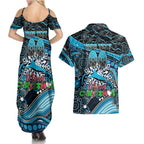 Merry Christmas Sharks Couples Matching Summer Maxi Dress and Hawaiian Shirt Aboriginal Santa Rugby Mascot - Cronulla Sutherland