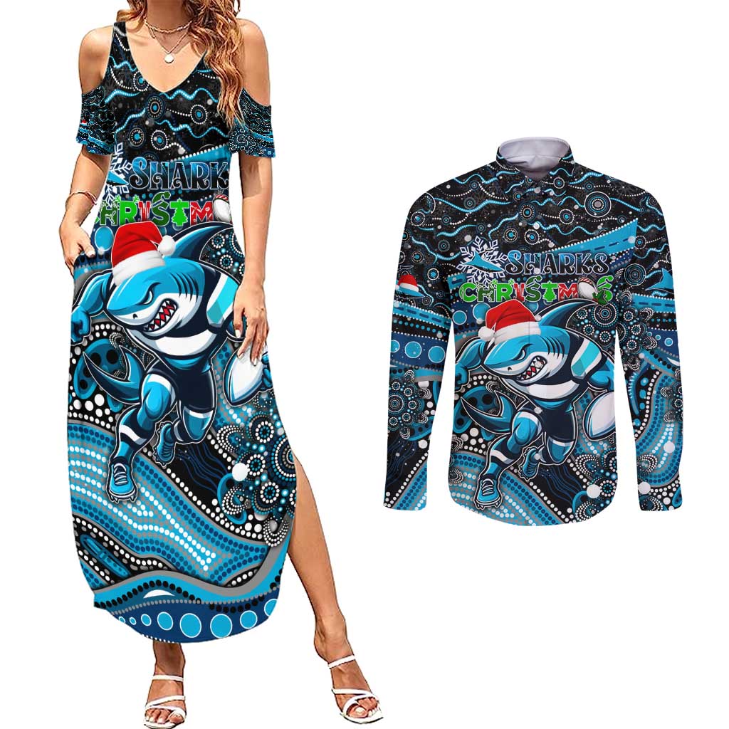 Merry Christmas Sharks Couples Matching Summer Maxi Dress and Long Sleeve Button Shirt Aboriginal Santa Rugby Mascot - Cronulla Sutherland