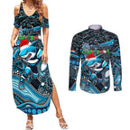 Merry Christmas Sharks Couples Matching Summer Maxi Dress and Long Sleeve Button Shirt Aboriginal Santa Rugby Mascot - Cronulla Sutherland