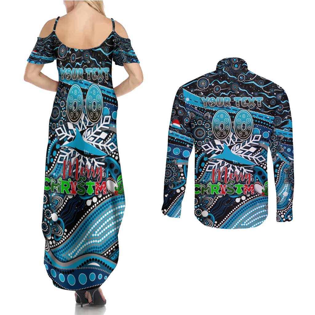 Merry Christmas Sharks Couples Matching Summer Maxi Dress and Long Sleeve Button Shirt Aboriginal Santa Rugby Mascot - Cronulla Sutherland