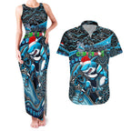 Merry Christmas Sharks Couples Matching Tank Maxi Dress and Hawaiian Shirt Aboriginal Santa Rugby Mascot - Cronulla Sutherland