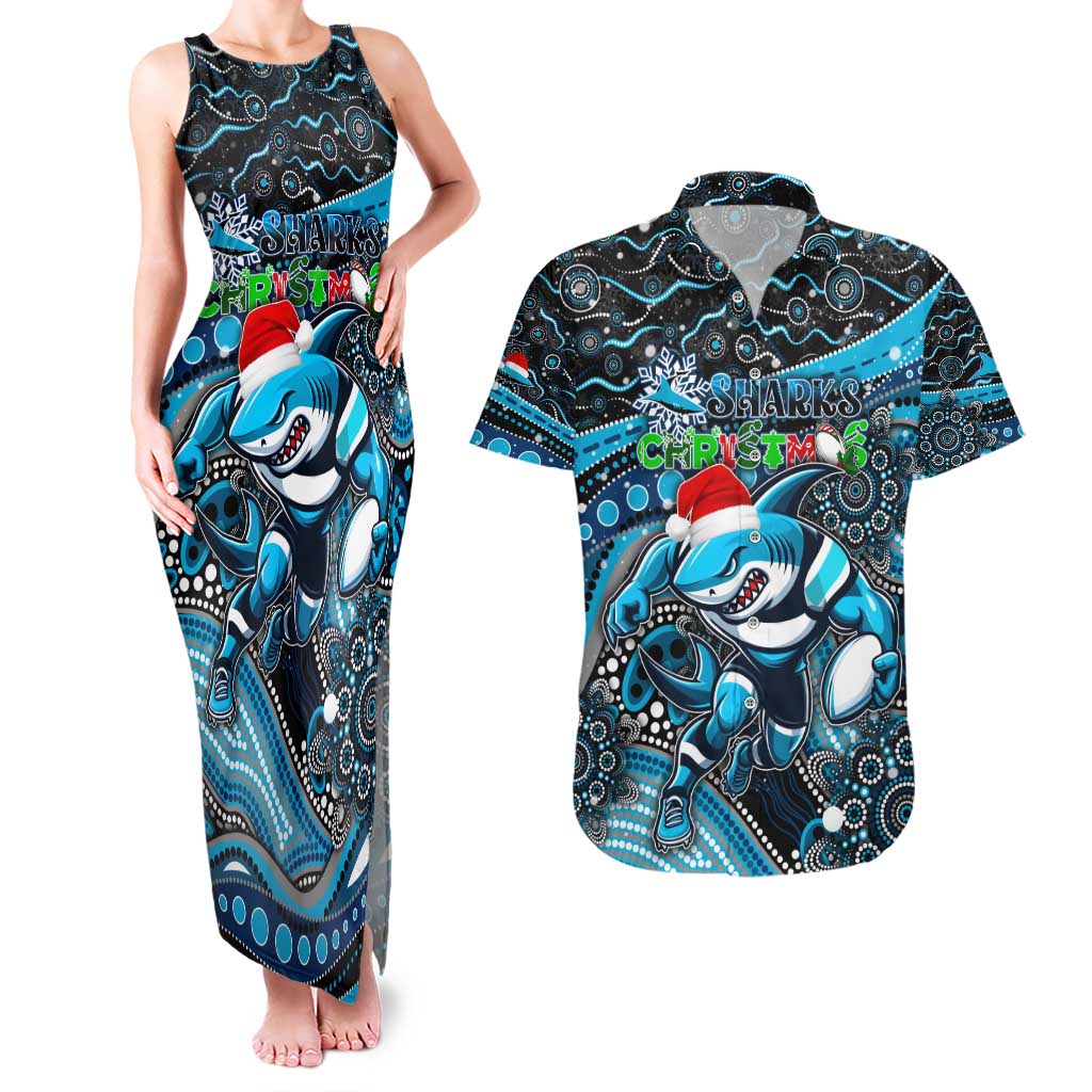 Merry Christmas Sharks Couples Matching Tank Maxi Dress and Hawaiian Shirt Aboriginal Santa Rugby Mascot - Cronulla Sutherland