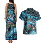 Merry Christmas Sharks Couples Matching Tank Maxi Dress and Hawaiian Shirt Aboriginal Santa Rugby Mascot - Cronulla Sutherland