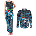 Merry Christmas Sharks Couples Matching Tank Maxi Dress and Long Sleeve Button Shirt Aboriginal Santa Rugby Mascot - Cronulla Sutherland