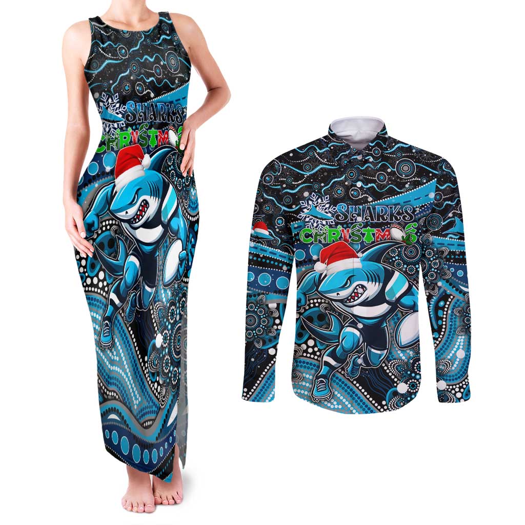 Merry Christmas Sharks Couples Matching Tank Maxi Dress and Long Sleeve Button Shirt Aboriginal Santa Rugby Mascot - Cronulla Sutherland